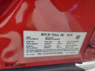 2022 Tesla Model S with VIN 5YJSA1E57NF478036, listed as a Copart auction lot 42147205 with 44,576 mi miles and Salvage title. Bid and sale history available at DreamBid. Image 15.