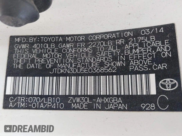 2014 Toyota Prius Four with VIN JTDKN3DU5E0368562, listed as a IAAI auction lot 41911369 with 178,888 mi miles. Bid and sale history available at carsss.com. Image 9.