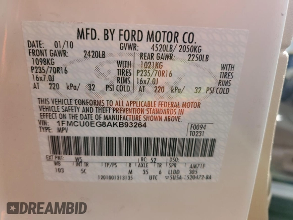 2010 Ford Escape Limited z VIN 1FMCU0EG8AKB93264, wystawiony jako Copart lot #48755805 z przebiegiem 69 141 mil mil oraz Szkoda całkowita • Salvage title. Historia ofert i sprzedaży dostępna na DreamBid. Obrazek 15.
