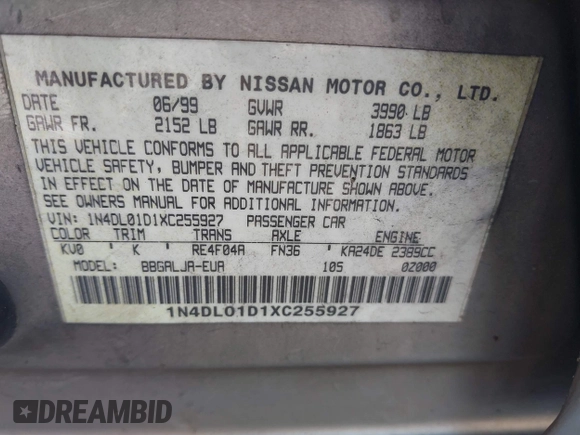 1999 Nissan Altima XE with VIN 1N4DL01D1XC255927, listed as a IAAI auction lot 42003101 with 154,000 mi miles. Bid and sale history available at carsss.com. Image 9.