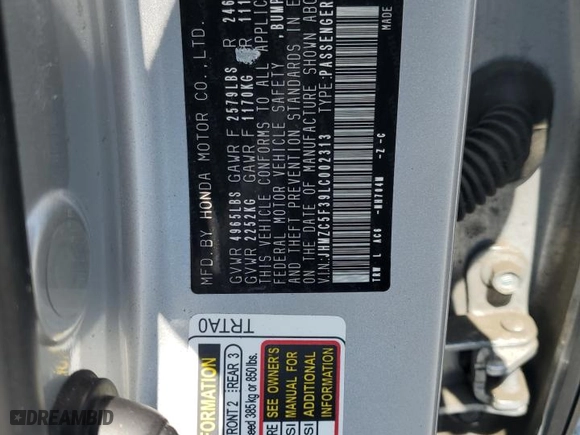 2020 Honda Clarity Plug-In Hybrid Touring with VIN JHMZC5F39LC002313, listed as a Copart auction lot 67295783 with 96,467 mi miles. Bid and sale history available at carsss.com. Image 12.