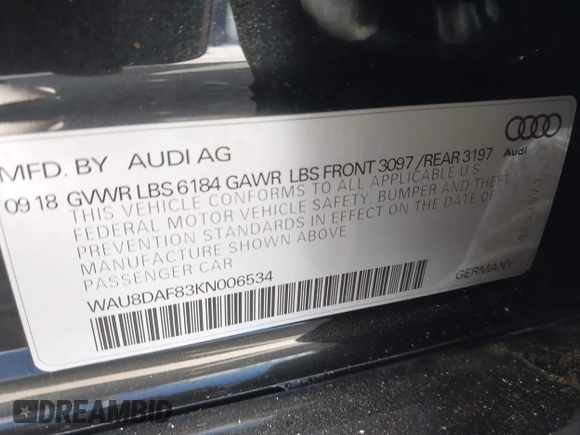 2019 Audi A8 z VIN WAU8DAF83KN006534, wystawiony jako IAAI lot #41712610 z przebiegiem 52 263 mil mil oraz . Historia ofert i sprzedaży dostępna na DreamBid. Obrazek 9.