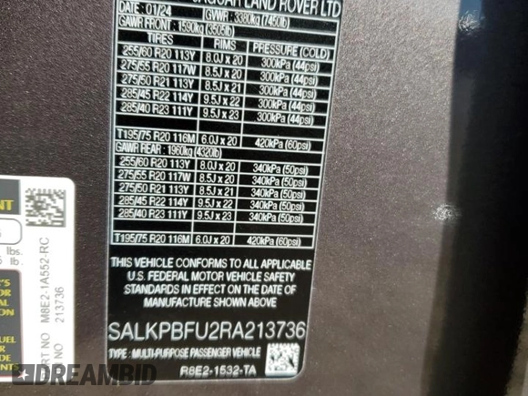 2024 Land Rover Range Rover SE z VIN SALKPBFU2RA213736, wystawiony jako Copart lot #81138104 z przebiegiem 5 250 mil mil oraz Szkoda całkowita • Salvage title. Historia ofert i sprzedaży dostępna na DreamBid. Obrazek 14.
