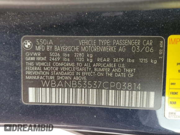 2007 BMW 5 Series 550i with VIN WBANB53537CP03814, listed as a Copart auction lot 47264345 with 203,544 mi miles and Clean Title. Bid and sale history available at DreamBid. Image 12.