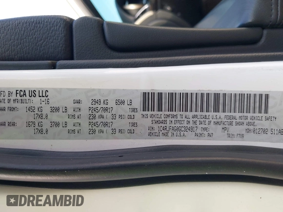 2016 Jeep Grand Cherokee Laredo with VIN 1C4RJFAG0GC324917, listed as a IAAI auction lot 42709325 with 271,953 mi miles and . Bid and sale history available at DreamBid. Image 9.