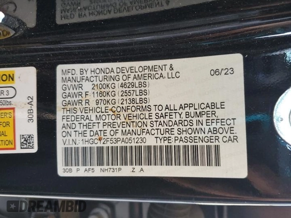 2023 Honda Accord Sport с VIN 1HGCY2F53PA051230, выставлен на аукционе Copart как лот 55246795 с пробегом 28 638 миль миль и Списание • Salvage title. История ставок и продаж доступна на DreamBid. Изображение 13.
