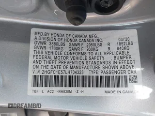 2020 Honda Civic Si with VIN 2HGFC1E57LH704323, listed as a IAAI auction lot 41742768 with 34,246 mi miles and . Bid and sale history available at DreamBid. Image 9.