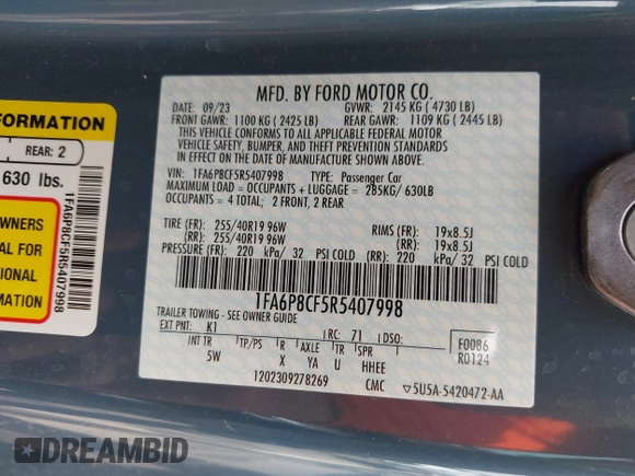 2024 Ford Mustang GT with VIN 1FA6P8CF5R5407998, listed as a IAAI auction lot 42228052 with 12,863 mi miles and . Bid and sale history available at DreamBid. Image 9.