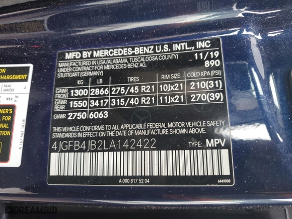 2020 Mercedes-Benz GLE with VIN 4JGFB4JB2LA142422, listed as a Copart auction lot 52342055 with 57,545 mi miles and Salvage Title. Bid and sale history available at carsss.com. Image 13.