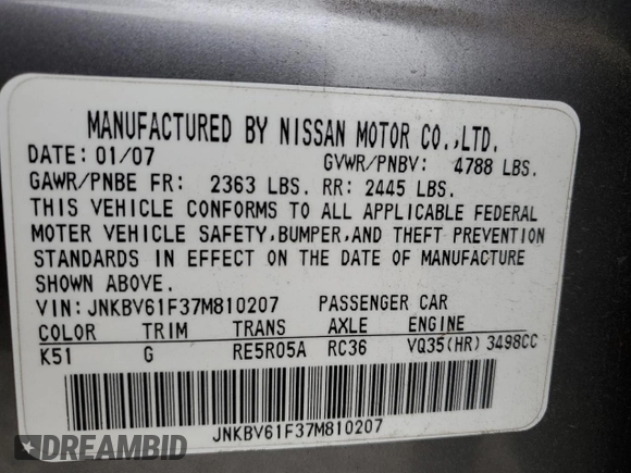 2007 Infiniti G35 Sedan G35x with VIN JNKBV61F37M810207, listed as a Copart auction lot 47634545 with 238,387 mi miles and Salvage Title. Bid and sale history available at carsss.com. Image 12.