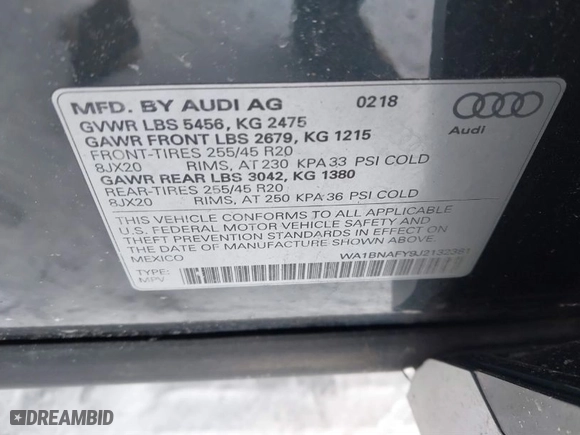 2018 Audi Q5 Premium Plus with VIN WA1BNAFY9J2132381, listed as a IAAI auction lot 41595689 with 66,543 mi miles. Bid and sale history available at carsss.com. Image 9.