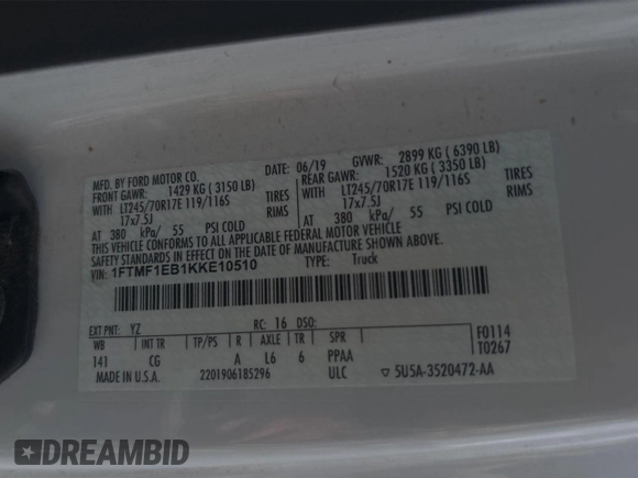 2019 Ford F-150 XL with VIN 1FTMF1EB1KKE10510, listed as a IAAI auction lot 42726982 with 98,336 mi miles and . Bid and sale history available at DreamBid. Image 17.