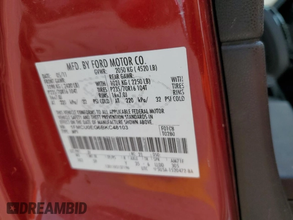 2011 Ford Escape Limited with VIN 1FMCU0EG6BKC48103, listed as a Copart auction lot 58862415 with Not provided miles and Salvage title. Bid and sale history available at DreamBid. Image 12.