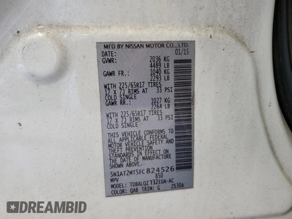 2015 Nissan Rogue SL with VIN 5N1AT2MT5FC824526, listed as a Copart auction lot 49399555 with 199,701 mi miles and Salvage Title. Bid and sale history available at carsss.com. Image 14.
