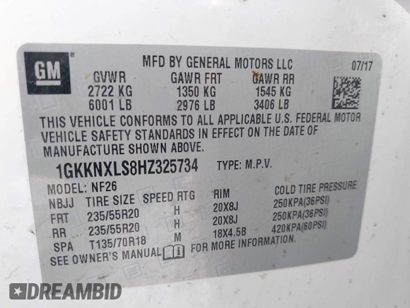2017 GMC Acadia Denali with VIN 1GKKNXLS8HZ325734, listed as a IAAI auction lot 42097488 with 96,612 mi miles and . Bid and sale history available at DreamBid. Image 9.