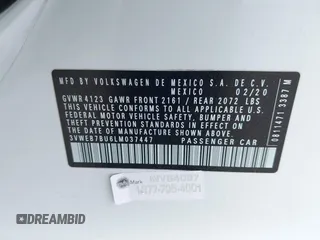 2020 Volkswagen Jetta SEL z VIN 3VWEB7BU6LM037447, wystawiony jako IAAI lot #41905020 z przebiegiem 42 179 mil mil oraz . Historia ofert i sprzedaży dostępna na DreamBid. Obrazek 9.