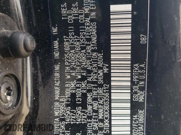2013 Toyota Sienna LE AAS with VIN 5TDKK3DC8DS356112, listed as a Copart auction lot 51273935 with 254,313 mi miles and Salvage Title. Bid and sale history available at carsss.com. Image 13.