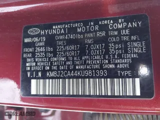2019 Hyundai Tucson SE with VIN KM8J2CA44KU981393, listed as a IAAI auction lot 41455334 with 98,318 mi miles. Bid and sale history available at carsss.com. Image 9.