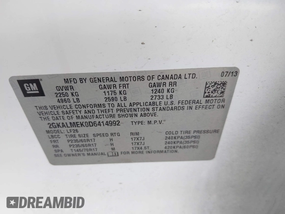 2013 GMC Terrain SLE with VIN 2GKALMEK0D6414992, listed as a IAAI auction lot 42607791 with 183,002 mi miles and . Bid and sale history available at DreamBid. Image 9.