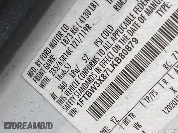 2020 Ford Transit Cargo with VIN 1FTBW3X87LKB80879, listed as a IAAI auction lot 42704425 with 104,720 mi miles and . Bid and sale history available at DreamBid. Image 16.