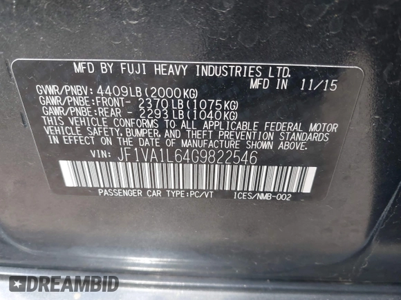2016 Subaru WRX Limited with VIN JF1VA1L64G9822546, listed as a IAAI auction lot 41839448 with 96,544 mi miles. Bid and sale history available at carsss.com. Image 9.