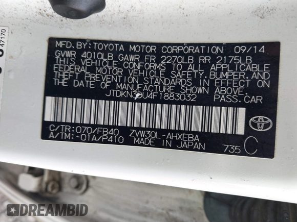 2015 Toyota Prius Four z VIN JTDKN3DU4F1883032, wystawiony jako IAAI lot #41528573 z przebiegiem 104 056 mil mil oraz . Historia ofert i sprzedaży dostępna na DreamBid. Obrazek 9.