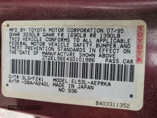 1995 Toyota Tercel DX z VIN JT2EL56E4S0101986, wystawiony jako Copart lot #76588734 z przebiegiem 204 800 mil mil oraz Czysty tytuł • Clean title. Historia ofert i sprzedaży dostępna na DreamBid. Obrazek 12.