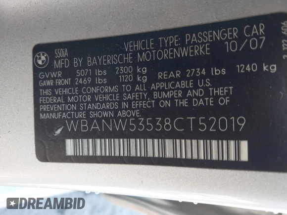 2008 BMW 5 Series 550i with VIN WBANW53538CT52019, listed as a IAAI auction lot 41550107 with 192,163 mi miles. Bid and sale history available at carsss.com. Image 9.