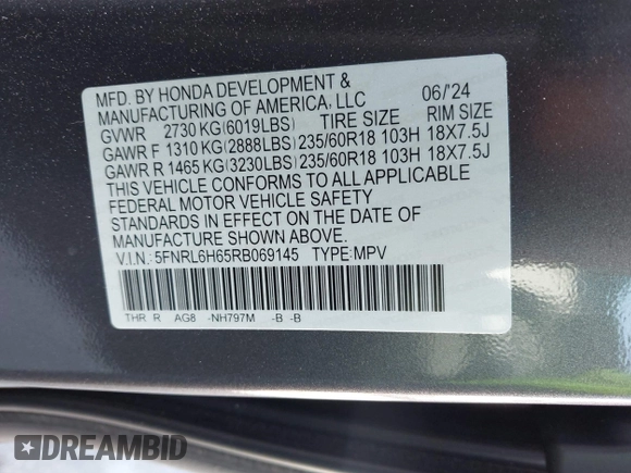 2024 Honda Odyssey EX-L with VIN 5FNRL6H65RB069145, listed as a IAAI auction lot 42120381 with 15,207 mi miles and . Bid and sale history available at DreamBid. Image 9.