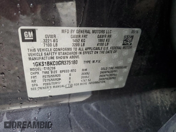 2016 GMC Yukon SLT with VIN 1GKS1BKC0GR375180, listed as a Copart auction lot 85095274 with 151,270 mi miles and Salvage Title. Bid and sale history available at carsss.com. Image 13.