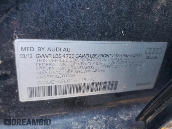2012 Audi A4 2.0T Premium Plus with VIN WAUEFAFL0CA119710, listed as a Copart auction lot 47416745 with 124,693 mi miles and Salvage Title. Bid and sale history available at carsss.com. Image 12.