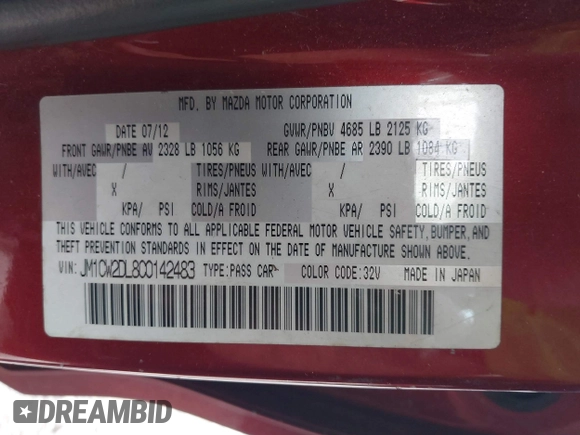 2012 Mazda 5 Grand Touring with VIN JM1CW2DL8C0142483, listed as a IAAI auction lot 42258349 with 144,547 mi miles and . Bid and sale history available at DreamBid. Image 9.