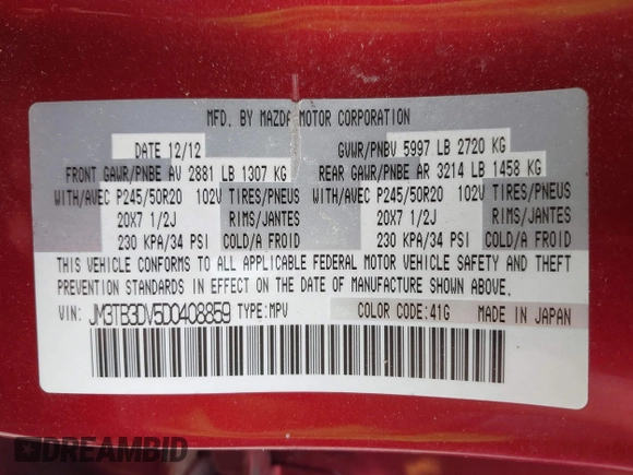 2013 Mazda CX-9 Grand Touring z VIN JM3TB3DV5D0408859, wystawiony jako IAAI lot #42126732 z przebiegiem 144 369 mil mil oraz . Historia ofert i sprzedaży dostępna na DreamBid. Obrazek 9.