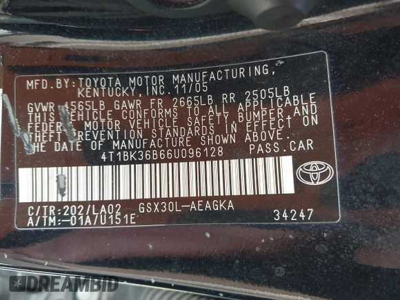 2006 Toyota Avalon XL with VIN 4T1BK36B66U096128, listed as a IAAI auction lot 41813449 with 213,705 mi miles. Bid and sale history available at carsss.com. Image 9.
