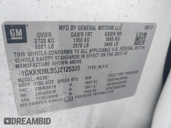 2018 GMC Acadia SLT with VIN 1GKKNMLS5JZ125320, listed as a IAAI auction lot 42200369 with 176,126 mi miles and . Bid and sale history available at DreamBid. Image 9.