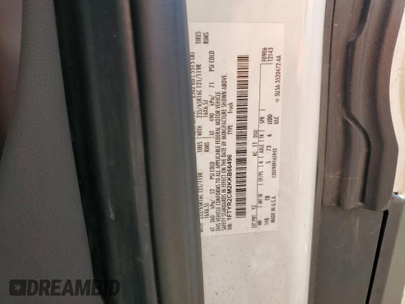 2019 Ford Transit with VIN 1FTYR2CM2KKB66496, listed as a Copart auction lot 87134004 with 190,590 mi miles and Salvage title. Bid and sale history available at DreamBid. Image 13.