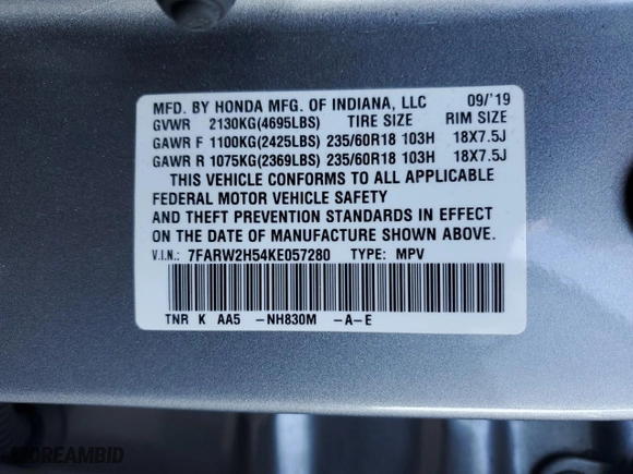 2019 Honda CR-V EX with VIN 7FARW2H54KE057280, listed as a Copart auction lot 51250605 with 66,292 mi miles and Salvage Title. Bid and sale history available at carsss.com. Image 15.