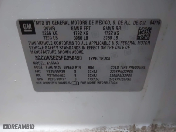 2015 Chevrolet Silverado 1500 LTZ with VIN 3GCUKSEC5FG350450, listed as a IAAI auction lot 41414983 with 149,186 mi miles. Bid and sale history available at carsss.com. Image 9.