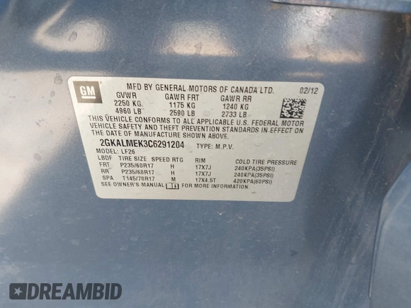 2012 GMC Terrain SLE-1 with VIN 2GKALMEK3C6291204, listed as a IAAI auction lot 41691141 with 104,811 mi miles and . Bid and sale history available at carsss.com. Image 9.