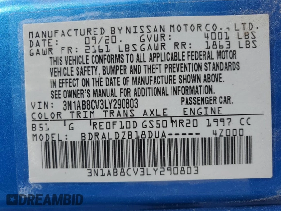 2020 Nissan Sentra SV with VIN 3N1AB8CV3LY290803, listed as a Copart auction lot 51131655 with 39,764 mi miles and Salvage Title. Bid and sale history available at DreamBid. Image 13.