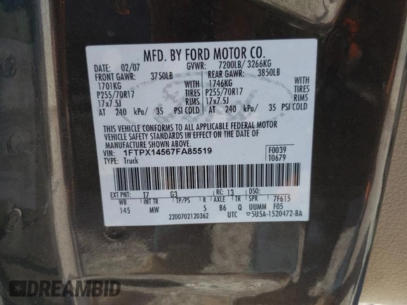 2007 Ford F-150 XLT z VIN 1FTPX14567FA85519, wystawiony jako Copart lot #65876815 z przebiegiem 188 573 mil mil oraz Czysty tytuł • Clean title. Historia ofert i sprzedaży dostępna na DreamBid. Obrazek 12.
