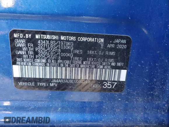 2020 Mitsubishi Outlander Sport ES 2.0 with VIN JA4AR3AU9LU031249, listed as a Copart auction lot 42796275 with 80,152 mi miles and Non Repairable. Bid and sale history available at carsss.com. Image 15.
