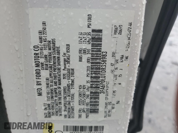 2013 Ford Fusion SE Hybrid with VIN 3FA6P0LU1DR358983, listed as a Copart auction lot 51907665 with 143,459 mi miles and Salvage Title. Bid and sale history available at DreamBid. Image 12.