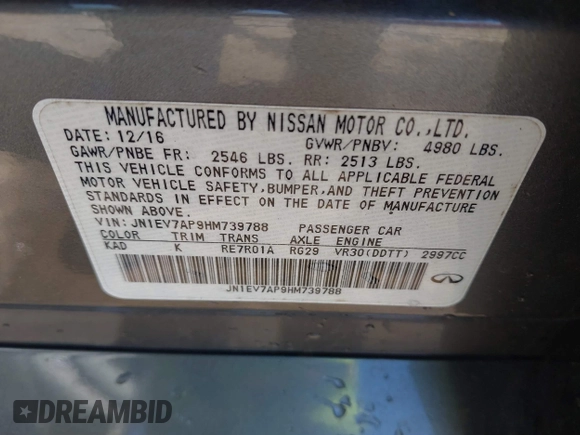 2017 Infiniti Q50 Signature Edition with VIN JN1EV7AP9HM739788, listed as a IAAI auction lot 41892367 with 73,724 mi miles and . Bid and sale history available at DreamBid. Image 9.