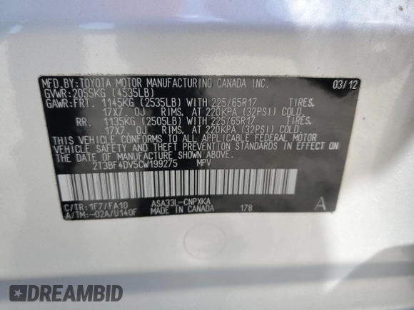 2012 Toyota RAV4 with VIN 2T3BF4DV5CW199275, listed as a Copart auction lot 62394685 with 209,385 mi miles and Clean title. Bid and sale history available at DreamBid. Image 13.