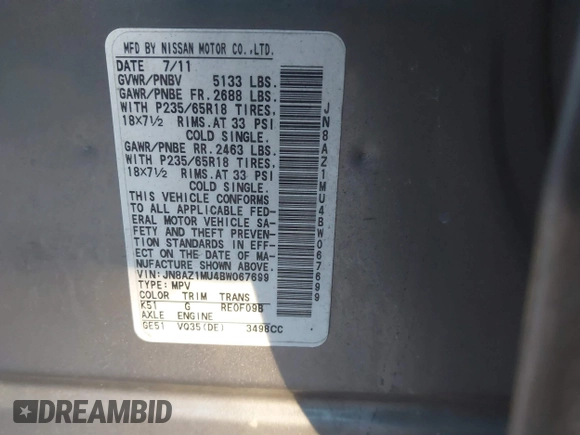 2011 Nissan Murano S with VIN JN8AZ1MU4BW067699, listed as a IAAI auction lot 41038952 with 206,601 mi miles. Bid and sale history available at carsss.com. Image 9.