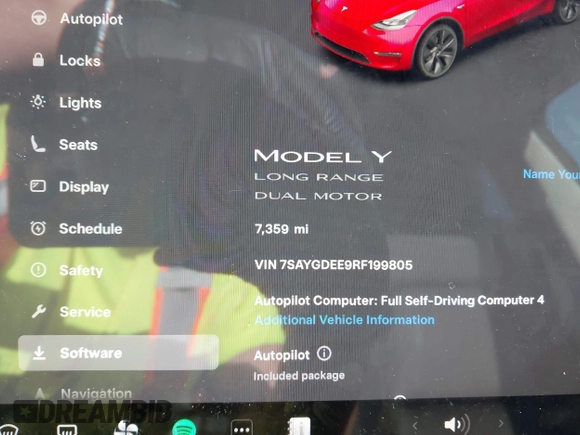 2024 Tesla Model Y Long Range with VIN 7SAYGDEE9RF199805, listed as a IAAI auction lot 42018221 with 7,359 mi miles. Bid and sale history available at carsss.com. Image 7.