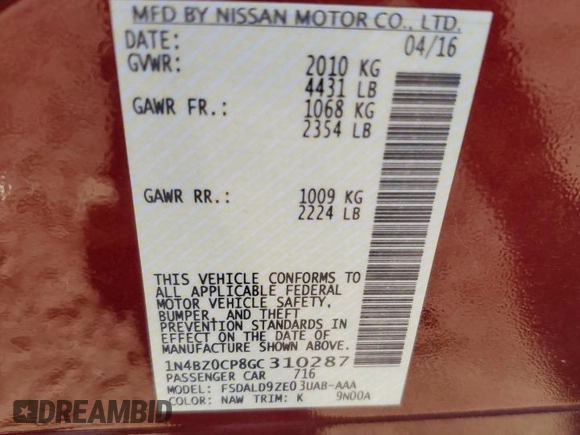 2016 Nissan LEAF SV with VIN 1N4BZ0CP8GC310287, listed as a Copart auction lot 89167585 with 0 mi miles and Salvage Title. Bid and sale history available at carsss.com. Image 12.