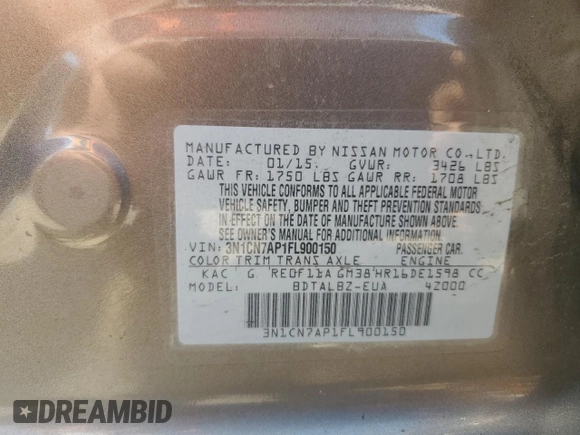 2015 Nissan Versa SV with VIN 3N1CN7AP1FL900150, listed as a Copart auction lot 54654545 with 65,904 mi miles and Salvage Title. Bid and sale history available at carsss.com. Image 12.