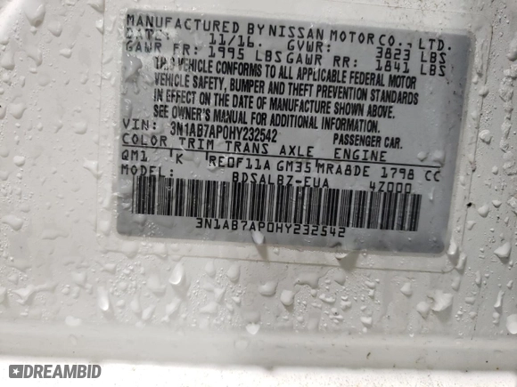 2017 Nissan Sentra SV with VIN 3N1AB7AP0HY232542, listed as a Copart auction lot 46095325 with 54,546 mi miles and Salvage Title. Bid and sale history available at carsss.com. Image 12.